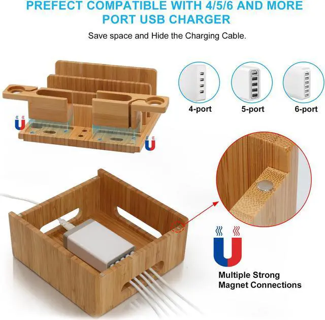 Alt view image 4 of 7 - Bamboo Charging Station Organizer for Multiple Devices, Wood Docking Stand Electronic Organizer Compatible with iPhone iPad iWatch AirPods (Included 2 Watch & Earbuds Stand, 5 Cables, 5 Port Charger)