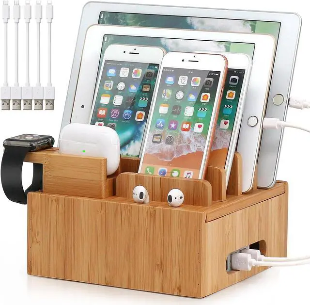 Main image of BambuMate Bamboo Charging Station for Multiple Devices, Wood Docking Stand Electronic Organizer for iPhone, Apple Watch, Earpods, Tablet, (Included 5 Charging Cables, No USB Charger)