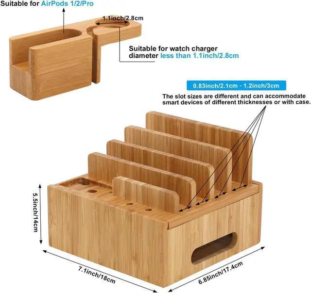 Alt view image 2 of 7 - BambuMate Bamboo Charging Station for Multiple Devices, Electronic Device Desktop Dock Stations Organizer (Included 5 Port USB Charger, 5 Pack Charge & Sync Cable, SmartWatch & Earbuds Stand)