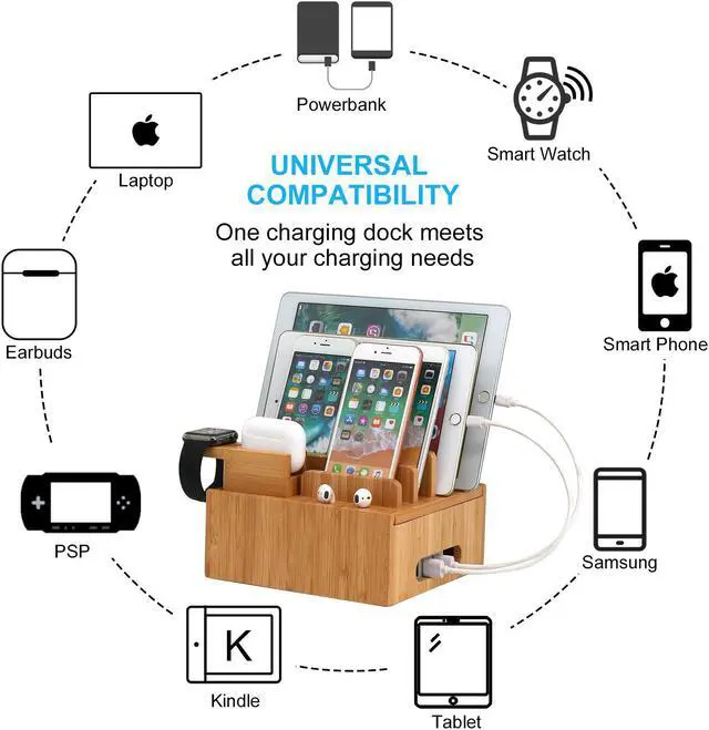 Alt view image 5 of 7 - BambuMate Bamboo Charging Station for Multiple Devices, Wood Docking Stand Electronic Organizer for iPhone, Apple Watch, Earpods, Tablet, (Included 5 Charging Cables, No USB Charger)