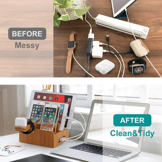 Alt view image 6 of 7 - BambuMate Bamboo Charging Stations for Multiple Devices, Electronic Docking Station Organizer for Cell Phones, Tablet, Apple Watch & Earpods Stand (Includes 5 Cables BUT NO Power Supply Charger)