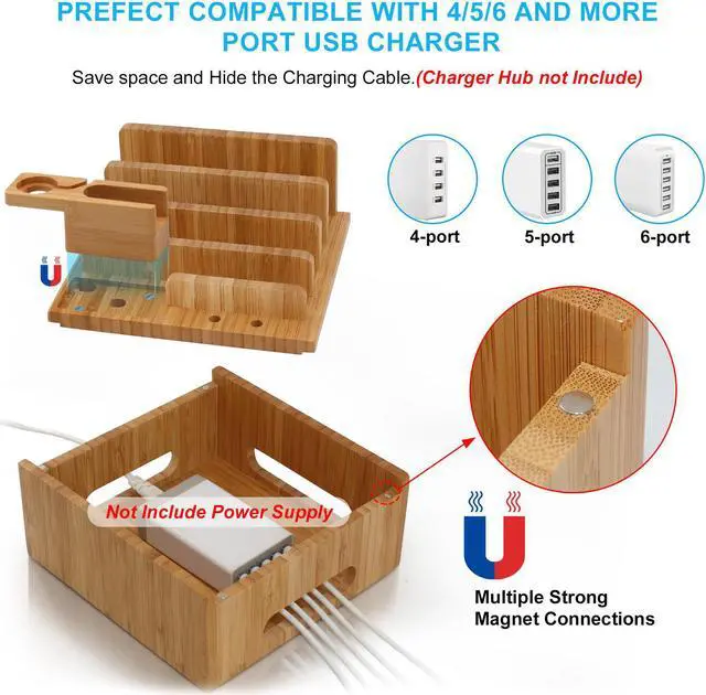 Alt view image 4 of 7 - BambuMate Bamboo Charging Station for Multiple Devices, Wood Docking Stand Electronic Organizer for iPhone, Apple Watch, Earpods, Tablet, (Included 5 Charging Cables, No USB Charger)