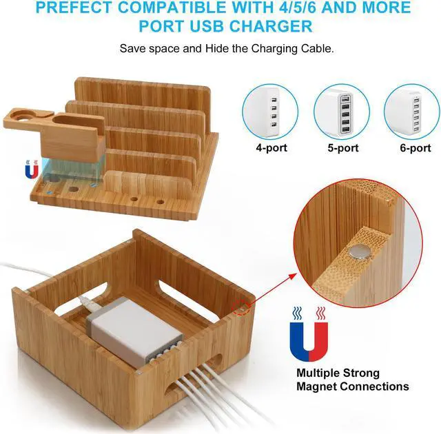 Alt view image 3 of 7 - BambuMate Bamboo Charging Station for Multiple Devices, Electronic Device Desktop Dock Stations Organizer (Included 5 Port USB Charger, 5 Pack Charge & Sync Cable, SmartWatch & Earbuds Stand)