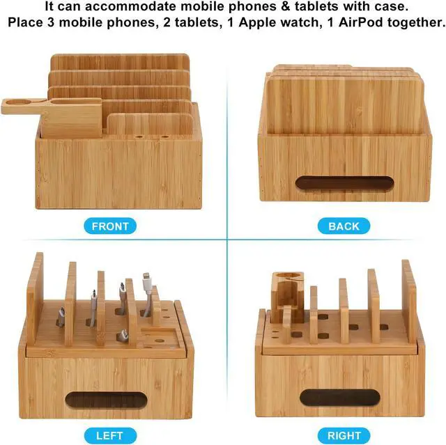 Alt view image 4 of 7 - BambuMate Bamboo Charging Station for Multiple Devices, Electronic Device Desktop Dock Stations Organizer (Included 5 Port USB Charger, 5 Pack Charge & Sync Cable, SmartWatch & Earbuds Stand)