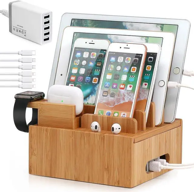 Main image of BambuMate Bamboo Charging Station for Multiple Devices, Electronic Device Desktop Dock Stations Organizer (Included 5 Port USB Charger, 5 Pack Charge & Sync Cable, SmartWatch & Earbuds Stand)