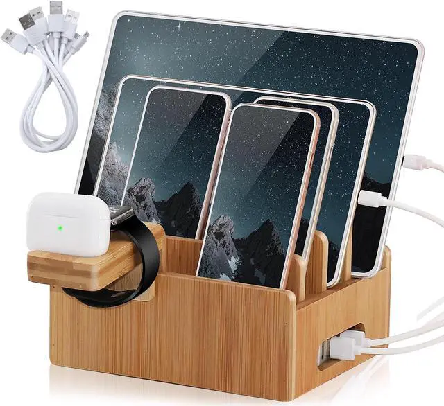 Main image of BambuMate Bamboo Charging Stations for Multiple Devices, Electronic Docking Station Organizer for Cell Phones, Tablet, Apple Watch & Earpods Stand (Includes 5 Cables BUT NO Power Supply Charger)