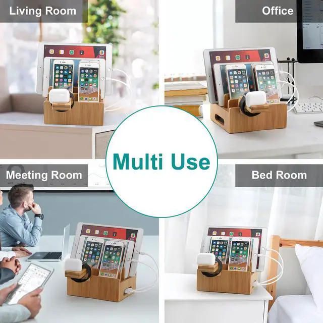 Alt view image 7 of 7 - Bamboo Charging Station for Multiple Devices with 5 Port USB Charger, 5 Cables and Smart Watch & Earbuds Stand, Upgrade Desk Docking Station Organizer for Cell Phone, Tablet and More