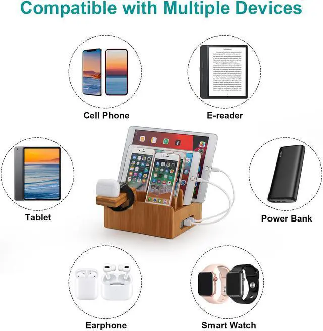 Alt view image 6 of 7 - Bamboo Charging Station for Multiple Devices with 5 Port USB Charger, 5 Cables and Smart Watch & Earbuds Stand, Upgrade Desk Docking Station Organizer for Cell Phone, Tablet and More