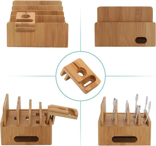 Alt view image 4 of 7 - BambuMate Bamboo Charging Stations for Multiple Devices, Electronic Docking Station Organizer for Cell Phones, Tablet, Apple Watch & Earpods Stand (Includes 5 Cables BUT NO Power Supply Charger)