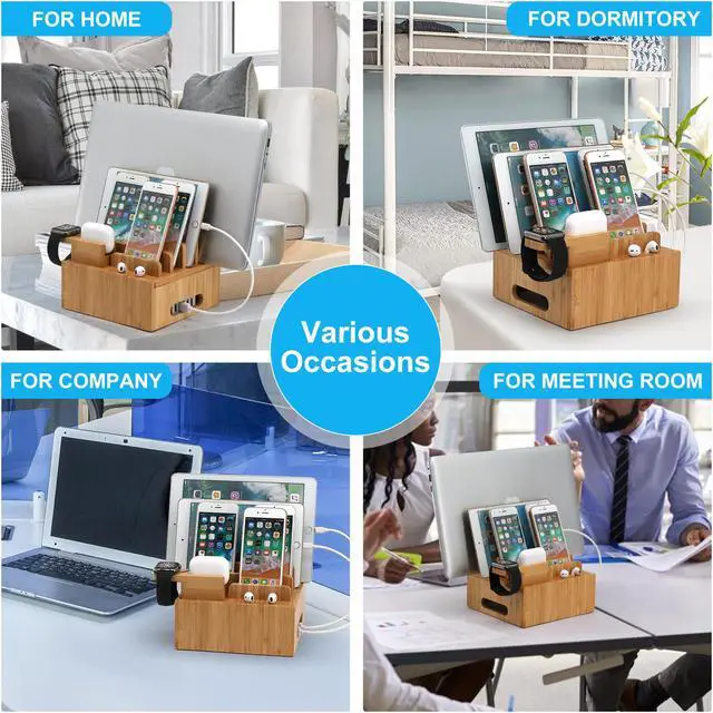 Alt view image 7 of 7 - BambuMate Bamboo Charging Station for Multiple Devices, Electronic Device Desktop Dock Stations Organizer (Included 5 Port USB Charger, 5 Pack Charge & Sync Cable, SmartWatch & Earbuds Stand)