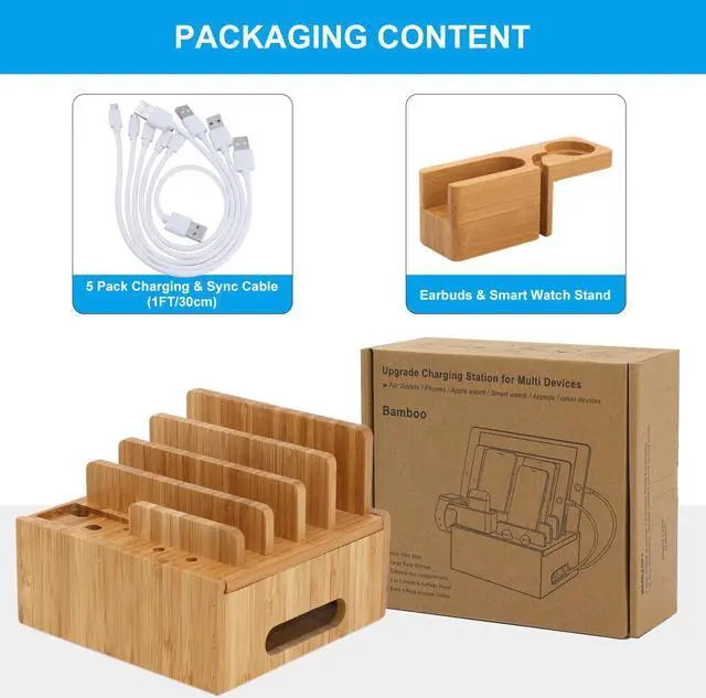 Alt view image 7 of 7 - BambuMate Bamboo Charging Station for Multiple Devices, Wood Docking Stand Electronic Organizer for iPhone, Apple Watch, Earpods, Tablet, (Included 5 Charging Cables, No USB Charger)
