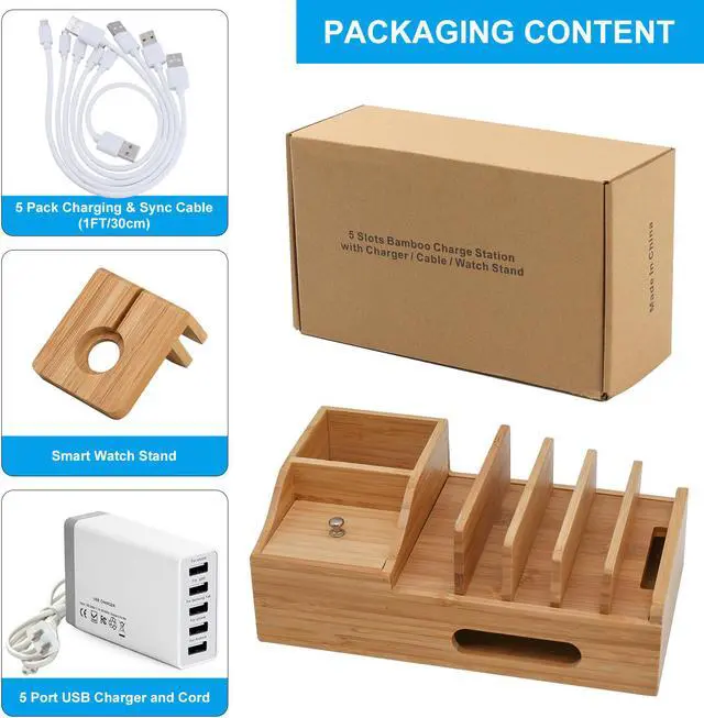 Alt view image 5 of 7 - Bamboo USB Charging Stations for Multiple Devices with 5 Port USB Charger, 5 Charge Cable and Smart Watch Stand, Wood Desktop Dock Stations Electronic Organizer for Cell Phone, Tablet, Watch, Office