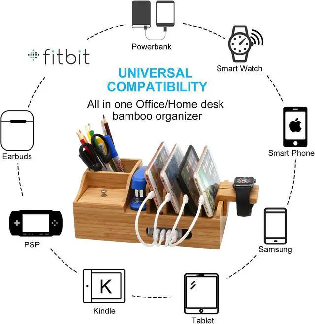 Alt view image 6 of 7 - Bamboo USB Charging Stations for Multiple Devices with 5 Port USB Charger, 5 Charge Cable and Smart Watch Stand, Wood Desktop Dock Stations Electronic Organizer for Cell Phone, Tablet, Watch, Office