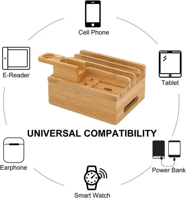 Alt view image 4 of 7 - BambuMate Charging Station for Multiple Devices, Wood Docking Stand Electronic Organizer, Compatible with Earbuds, Watch, Cell Phone, Tablet (Included 6 Charging Cables, 5 Ports Charger)