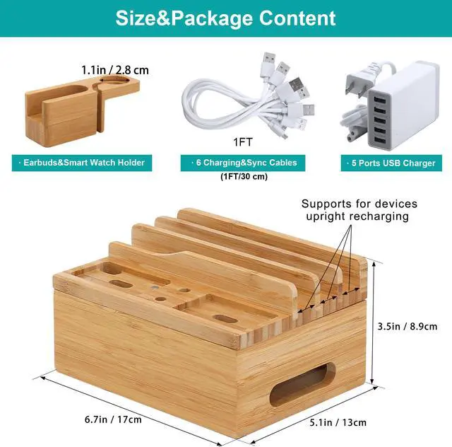 Alt view image 2 of 7 - BambuMate Charging Station for Multiple Devices, Wood Docking Stand Electronic Organizer, Compatible with Earbuds, Watch, Cell Phone, Tablet (Included 6 Charging Cables, 5 Ports Charger)