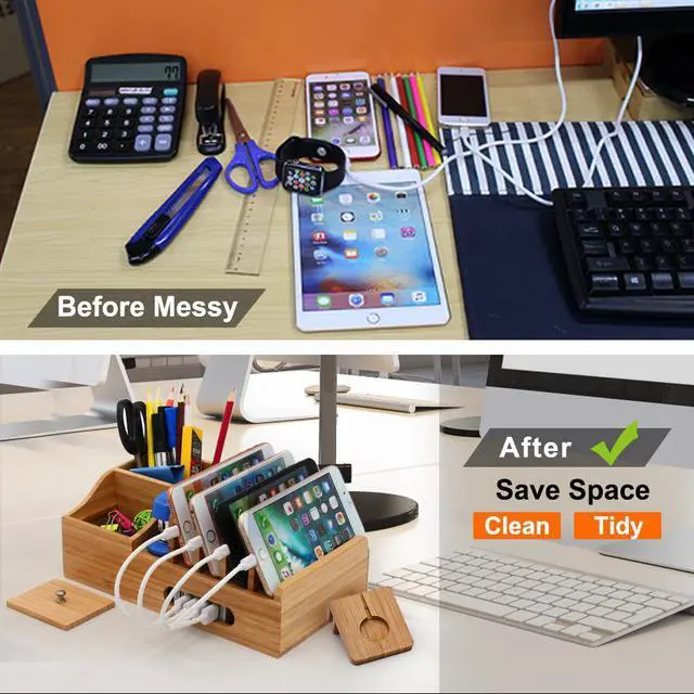 Alt view image 7 of 7 - Bamboo USB Charging Stations for Multiple Devices with 5 Port USB Charger, 5 Charge Cable and Smart Watch Stand, Wood Desktop Dock Stations Electronic Organizer for Cell Phone, Tablet, Watch, Office