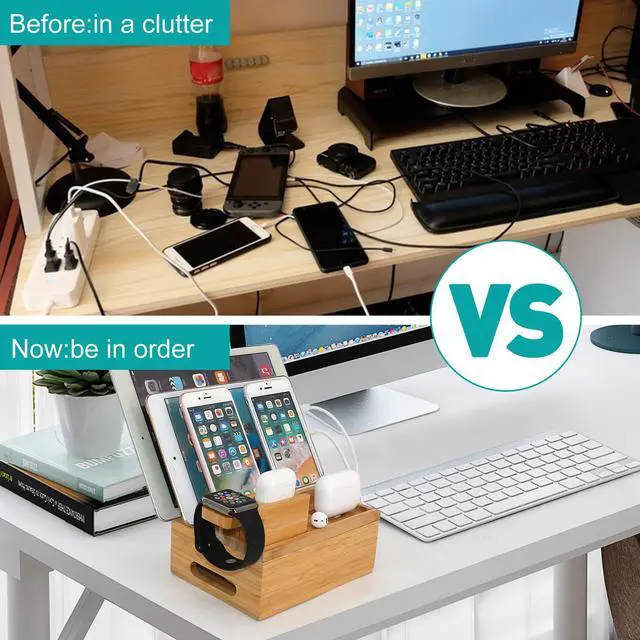 Alt view image 6 of 7 - BambuMate Charging Station for Multiple Devices, Wood Docking Stand Electronic Organizer, Compatible with Earbuds, Watch, Cell Phone, Tablet (Included 6 Charging Cables, 5 Ports Charger)