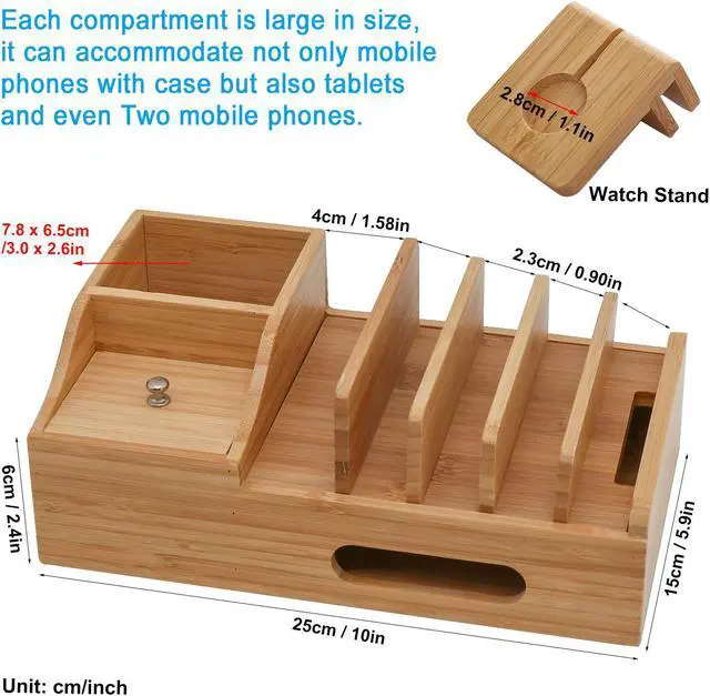 Alt view image 2 of 7 - Bamboo USB Charging Stations for Multiple Devices with 5 Port USB Charger, 5 Charge Cable and Smart Watch Stand, Wood Desktop Dock Stations Electronic Organizer for Cell Phone, Tablet, Watch, Office