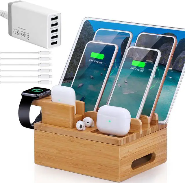Main image of BambuMate Charging Station for Multiple Devices, Wood Docking Stand Electronic Organizer, Compatible with Earbuds, Watch, Cell Phone, Tablet (Included 6 Charging Cables, 5 Ports Charger)