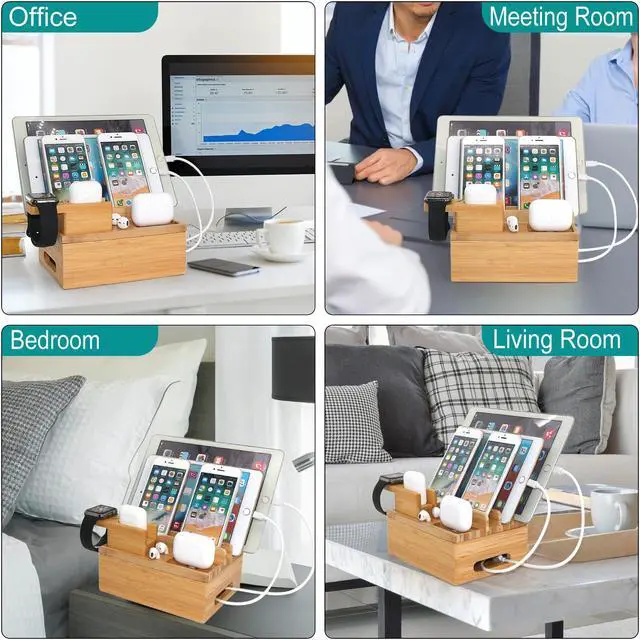 Alt view image 7 of 7 - BambuMate Charging Station for Multiple Devices, Electronic Device Desktop Organizer, Compatible with Earbuds, Watch, Cell Phone, Tablet (Included 6 Charging Cables, No Power Supply)