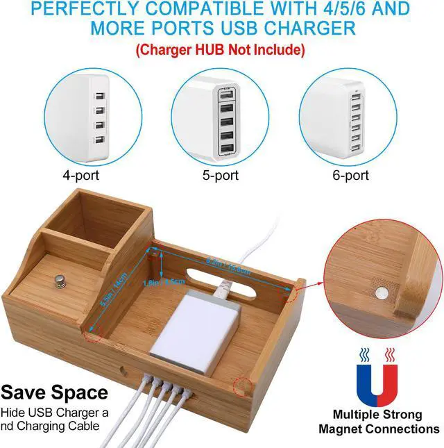 Alt view image 3 of 7 - Bamboo USB Charging Stations for Multiple Devices with 5 Port USB Charger, 5 Charge Cable and Smart Watch Stand, Wood Desktop Dock Stations Electronic Organizer for Cell Phone, Tablet, Watch, Office