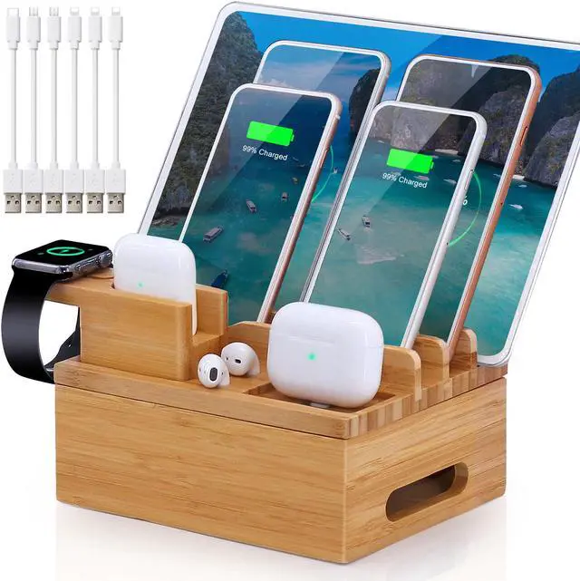 Main image of BambuMate Charging Station for Multiple Devices, Electronic Device Desktop Organizer, Compatible with Earbuds, Watch, Cell Phone, Tablet (Included 6 Charging Cables, No Power Supply)