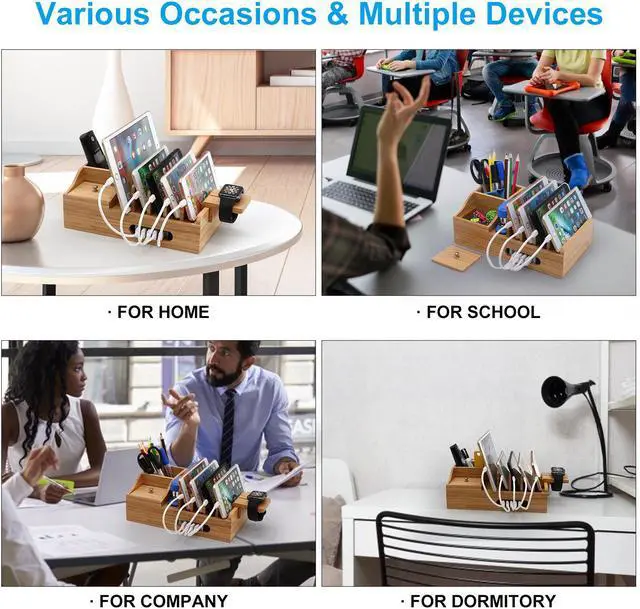 Alt view image 4 of 7 - Bamboo USB Charging Stations for Multiple Devices with 5 Port USB Charger, 5 Charge Cable and Smart Watch Stand, Wood Desktop Dock Stations Electronic Organizer for Cell Phone, Tablet, Watch, Office