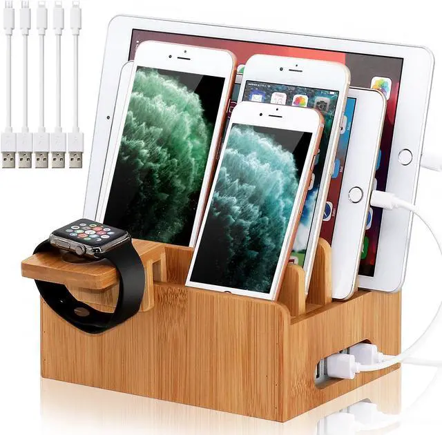Main image of BambuMate Bamboo Charging Station for Multiple Devices, Wood Docking Stand Electronic Organizer Compatible with iPhone, Watch, Tablet (with Watch Stand, 5 Charger Cables, No USB Charger)