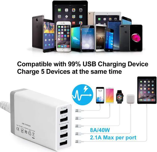 Alt view image 4 of 7 - BambuMate Bamboo Charging Station for Multiple Devices (Included 5 Port USB Charger, 5 Pack Charge & Sync Cable, SmartWatch & AirPods Stand), Wood Desktop Docking Charging Stand