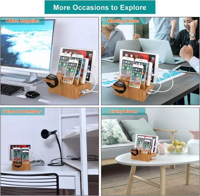 Alt view image 6 of 7 - BambuMate Bamboo Charging Station for Multiple Devices, Wood Docking Stand Electronic Organizer Compatible with iPhone, Watch, Tablet (with Watch Stand, 5 Charger Cables, No USB Charger)
