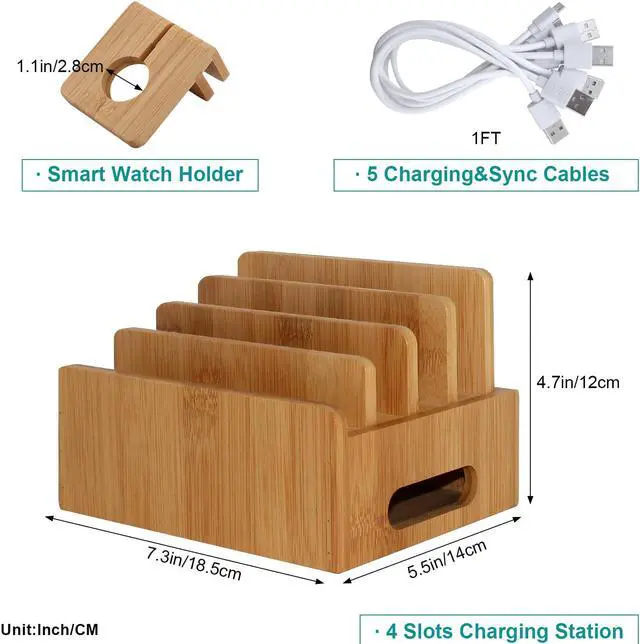 Alt view image 2 of 7 - BambuMate Bamboo Charging Station for Multiple Devices, Wood Docking Stand Electronic Organizer Compatible with iPhone, Watch, Tablet (with Watch Stand, 5 Charger Cables, No USB Charger)