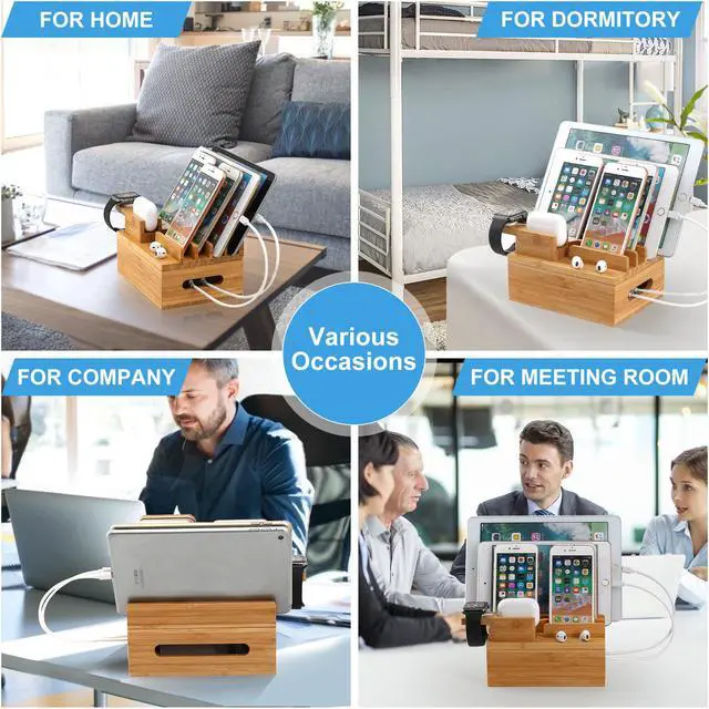 Alt view image 7 of 7 - BambuMate Bamboo Charging Station for Multiple Devices (Included 5 Port USB Charger, 5 Pack Charge & Sync Cable, SmartWatch & AirPods Stand), Wood Desktop Docking Charging Stand