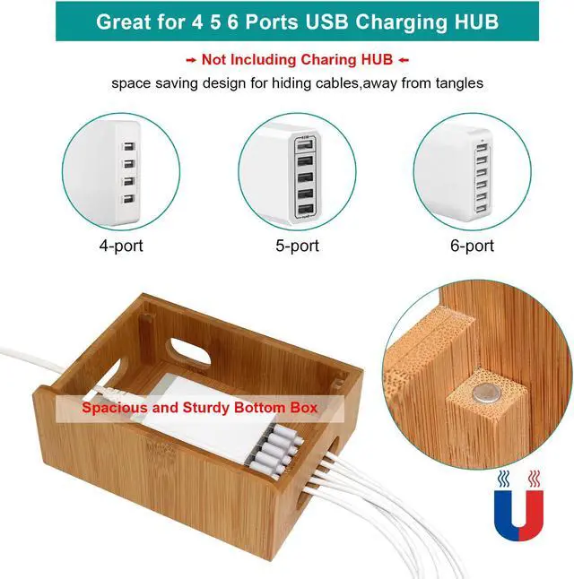 Alt view image 3 of 7 - BambuMate Bamboo Charging Station for Multiple Devices, Wood Docking Stand Electronic Organizer Compatible with iPhone, Watch, Tablet (with Watch Stand, 5 Charger Cables, No USB Charger)