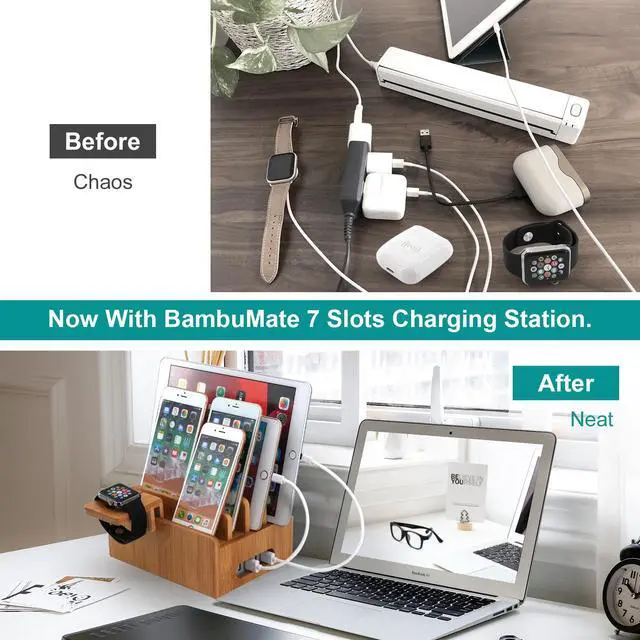Alt view image 5 of 7 - BambuMate Bamboo Charging Station for Multiple Devices, Wood Docking Stand Electronic Organizer Compatible with iPhone, Watch, Tablet (with Watch Stand, 5 Charger Cables, No USB Charger)