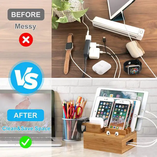 Alt view image 6 of 7 - BambuMate Bamboo Charging Station for Multiple Devices (Included 5 Port USB Charger, 5 Pack Charge & Sync Cable, SmartWatch & AirPods Stand), Wood Desktop Docking Charging Stand