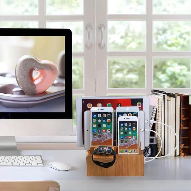 Alt view image 7 of 7 - BambuMate Bamboo Charging Station for Multiple Devices, Wood Docking Stand Electronic Organizer Compatible with iPhone, Watch, Tablet (with Watch Stand, 5 Charger Cables, No USB Charger)