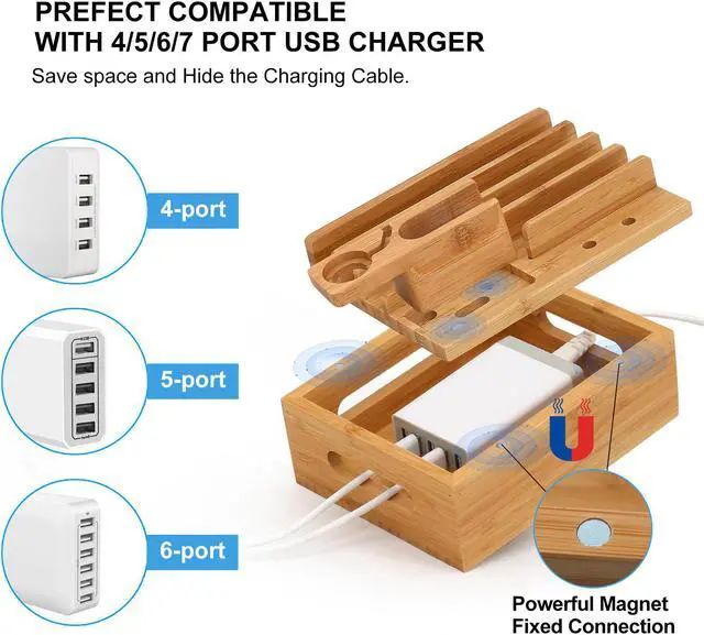 Alt view image 3 of 7 - BambuMate Bamboo Charging Station for Multiple Devices (Included 5 Port USB Charger, 5 Pack Charge & Sync Cable, SmartWatch & AirPods Stand), Wood Desktop Docking Charging Stand