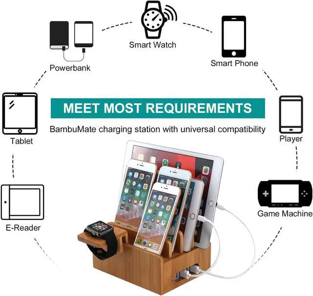 Alt view image 4 of 7 - BambuMate Bamboo Charging Station for Multiple Devices, Wood Docking Stand Electronic Organizer Compatible with iPhone, Watch, Tablet (with Watch Stand, 5 Charger Cables, No USB Charger)