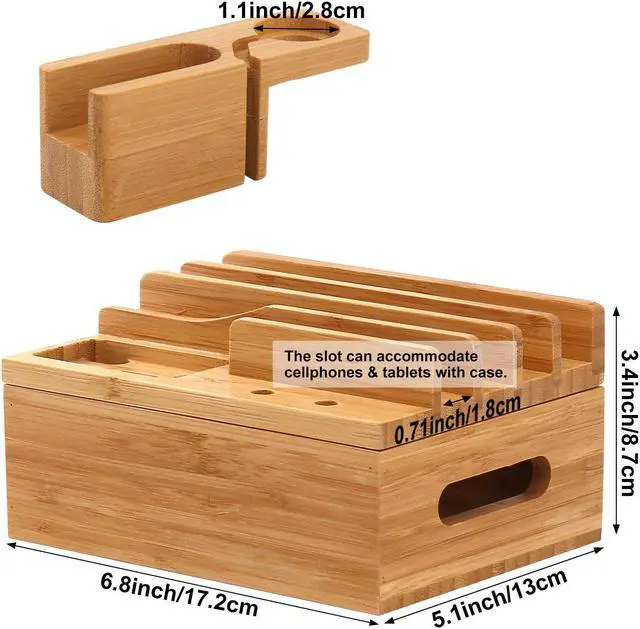 Alt view image 2 of 7 - BambuMate Bamboo Charging Station for Multiple Devices (Included 5 Port USB Charger, 5 Pack Charge & Sync Cable, SmartWatch & AirPods Stand), Wood Desktop Docking Charging Stand