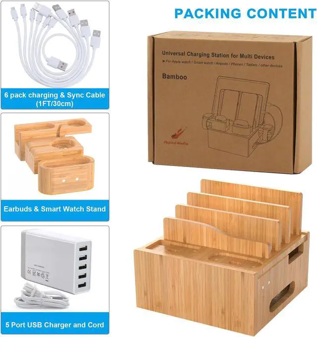 Alt view image 5 of 7 - Bamboo USB Charging Station, Phone and Watch Charger Station- for Mulitple Devices, Cell Phones, Tablets, with Charger HUB, 6 Cables, Power Supply