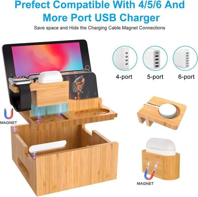 Alt view image 2 of 7 - Bamboo USB Charging Station, Phone and Watch Charger Station- for Mulitple Devices, Cell Phones, Tablets, with Charger HUB, 6 Cables, Power Supply