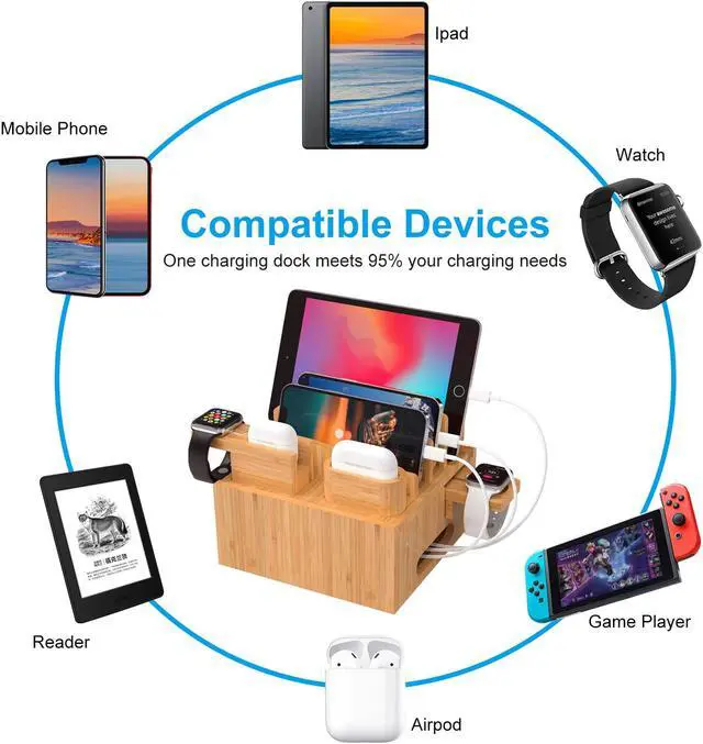 Alt view image 3 of 7 - Bamboo USB Charging Station, Phone and Watch Charger Station- for Mulitple Devices, Cell Phones, Tablets, with Charger HUB, 6 Cables, Power Supply
