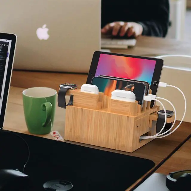 Alt view image 6 of 7 - Bamboo USB Charging Station, Phone and Watch Charger Station- for Mulitple Devices, Cell Phones, Tablets, with Charger HUB, 6 Cables, Power Supply