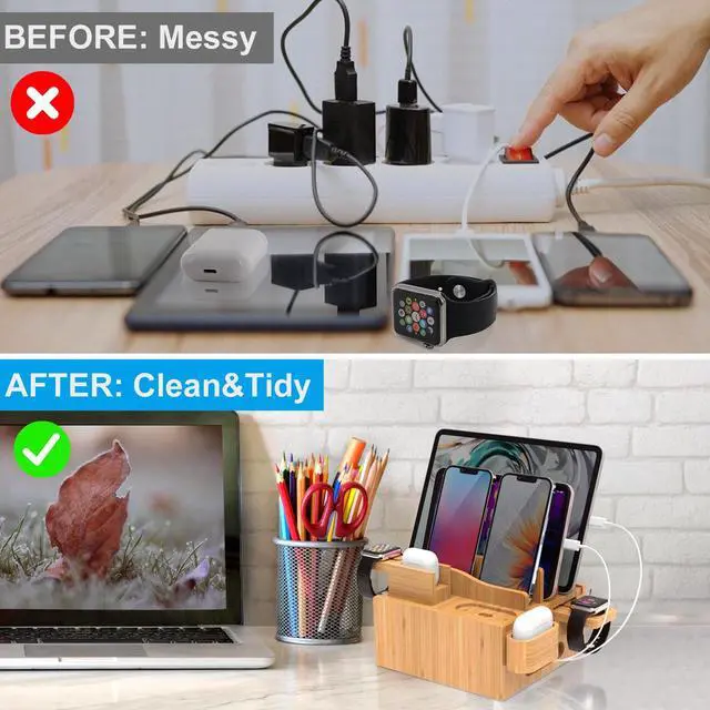 Alt view image 7 of 7 - Bamboo USB Charging Station, Phone and Watch Charger Station- for Mulitple Devices, Cell Phones, Tablets, with Charger HUB, 6 Cables, Power Supply