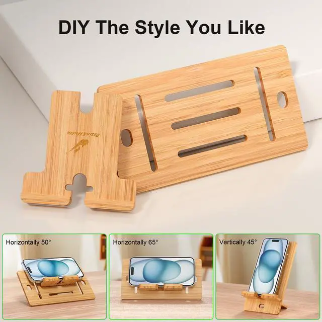 Alt view image 3 of 7 - BambuMate Adjustable Bamboo Phone & Tablet Stand - Portable Holder for 4-13 Inch Devices, Compatible with iPad, iPhona- Perfect for Desk, Home, Office & Travel