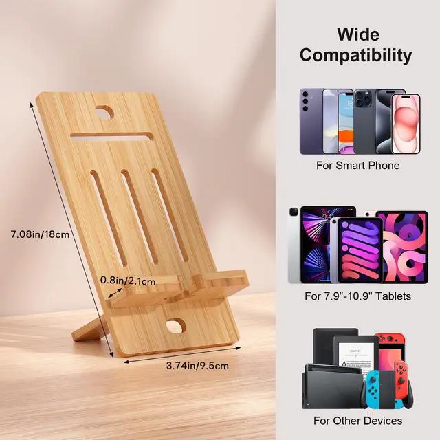 Alt view image 4 of 7 - BambuMate Adjustable Bamboo Phone & Tablet Stand - Portable Holder for 4-13 Inch Devices, Compatible with iPad, iPhona- Perfect for Desk, Home, Office & Travel