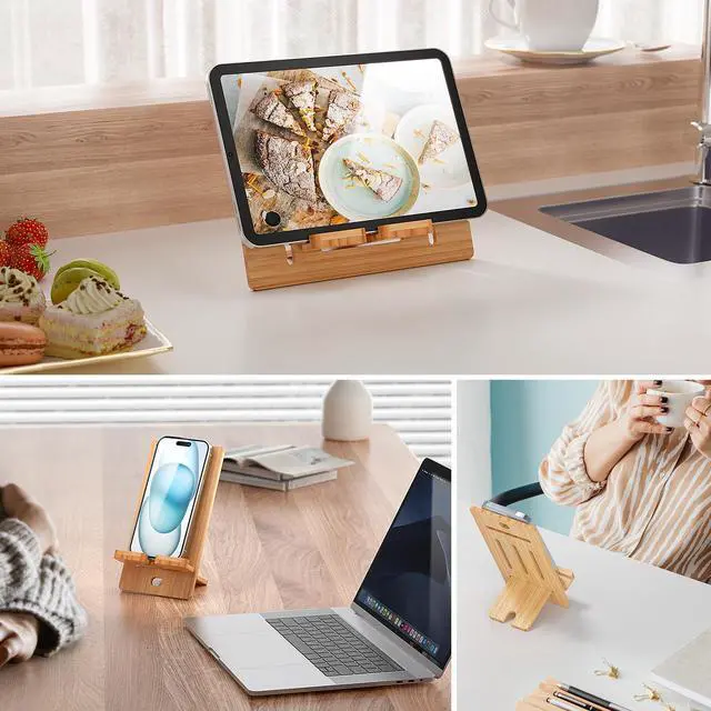 Alt view image 7 of 7 - BambuMate Adjustable Bamboo Phone & Tablet Stand - Portable Holder for 4-13 Inch Devices, Compatible with iPad, iPhona- Perfect for Desk, Home, Office & Travel