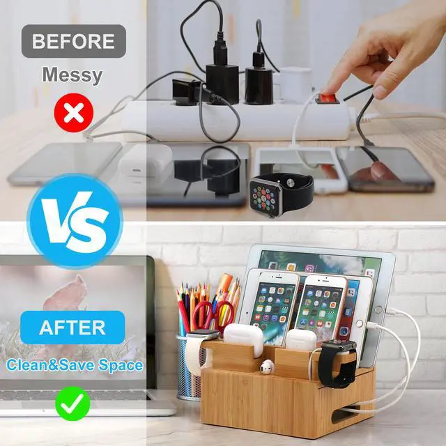 Alt view image 6 of 7 - Bamboo Charging Station for Multiple Devices, Wooden Charging Station Organizer Cell Phone Dock Desk Organizer for Apple, Bamboo Wood Docking Device Organizer (5 USB Cables, No Power Supply)