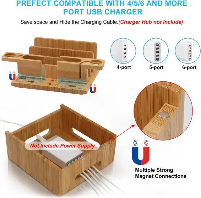 Alt view image 4 of 7 - Bamboo Charging Station for Multiple Devices, Wooden Charging Station Organizer Cell Phone Dock Desk Organizer for Apple, Bamboo Wood Docking Device Organizer (5 USB Cables, No Power Supply)
