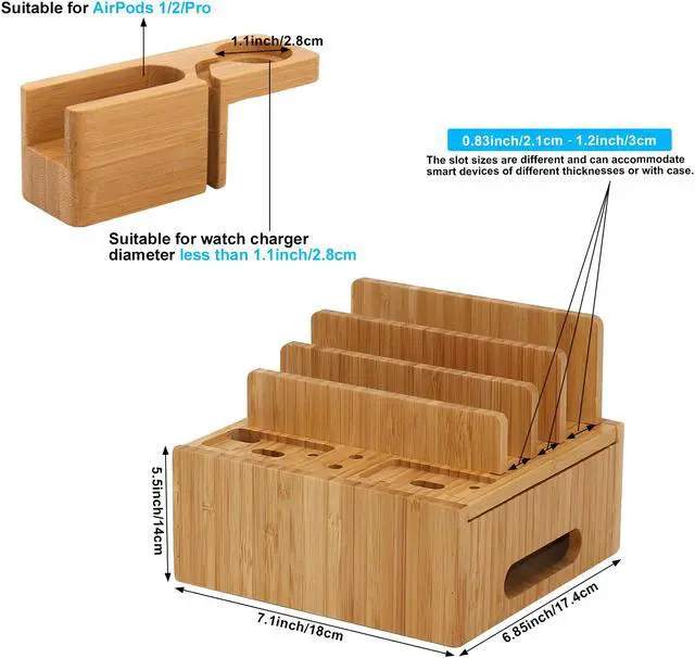 Alt view image 3 of 7 - Bamboo Charging Station for Multiple Devices, Wooden Charging Station Organizer Cell Phone Dock Desk Organizer for Apple, Bamboo Wood Docking Device Organizer (5 USB Cables, No Power Supply)